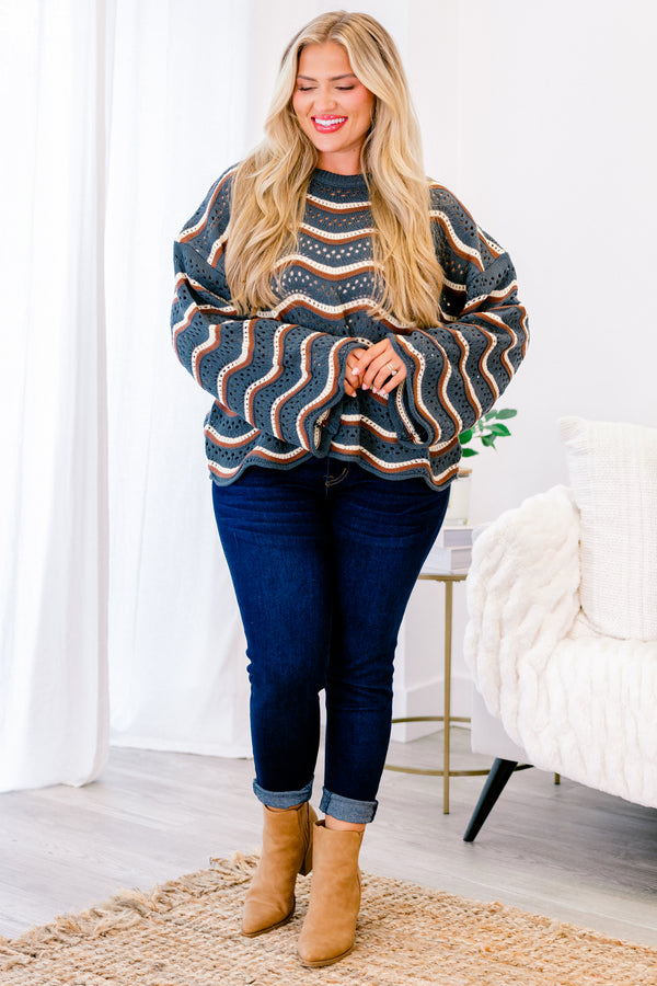 Chic Soul plus size clothing, navy long sleeve sweater with brown and white wavey stripes going across the sweater 