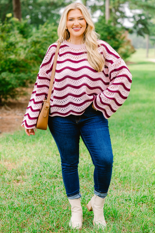 Chic Soul plus size clothing, pale pink knit long sleeve sweater with maroon wavy horizontal stripes