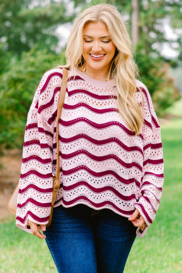 Chic Soul plus size clothing, pale pink knit long sleeve sweater with maroon wavy horizontal stripes