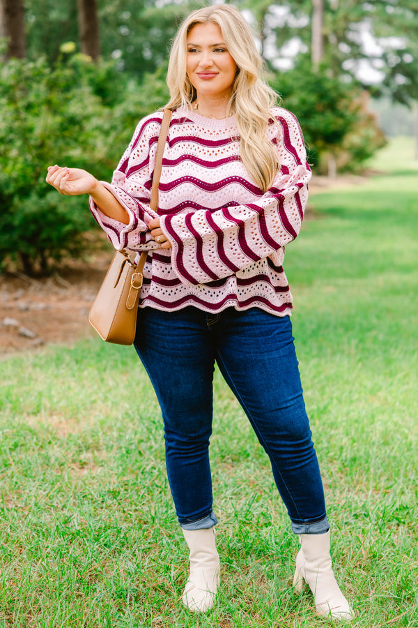 Chic Soul plus size clothing, pale pink knit long sleeve sweater with maroon wavy horizontal stripes