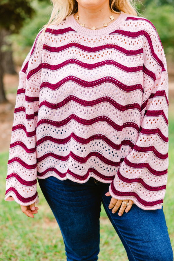 Chic Soul plus size clothing, pale pink knit long sleeve sweater with maroon wavy horizontal stripes
