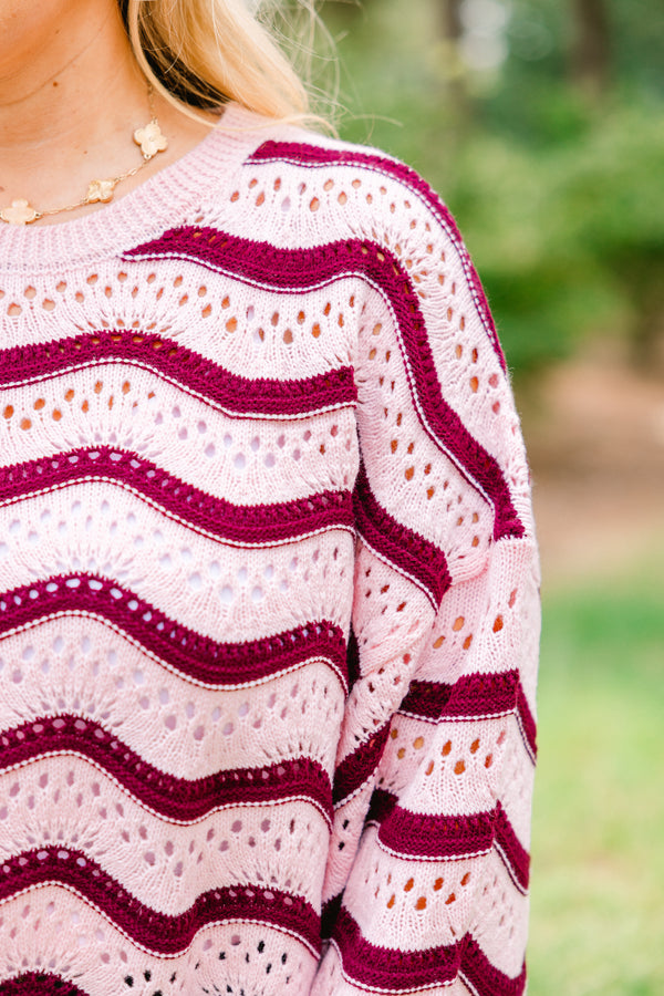 Chic Soul plus size clothing, pale pink knit long sleeve sweater with maroon wavy horizontal stripes