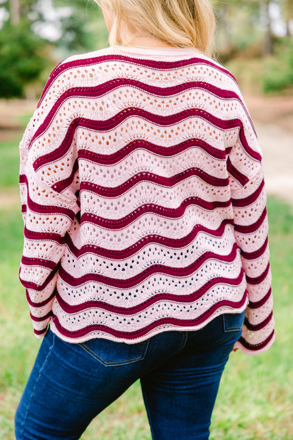 Chic Soul plus size clothing, pale pink knit long sleeve sweater with maroon wavy horizontal stripes