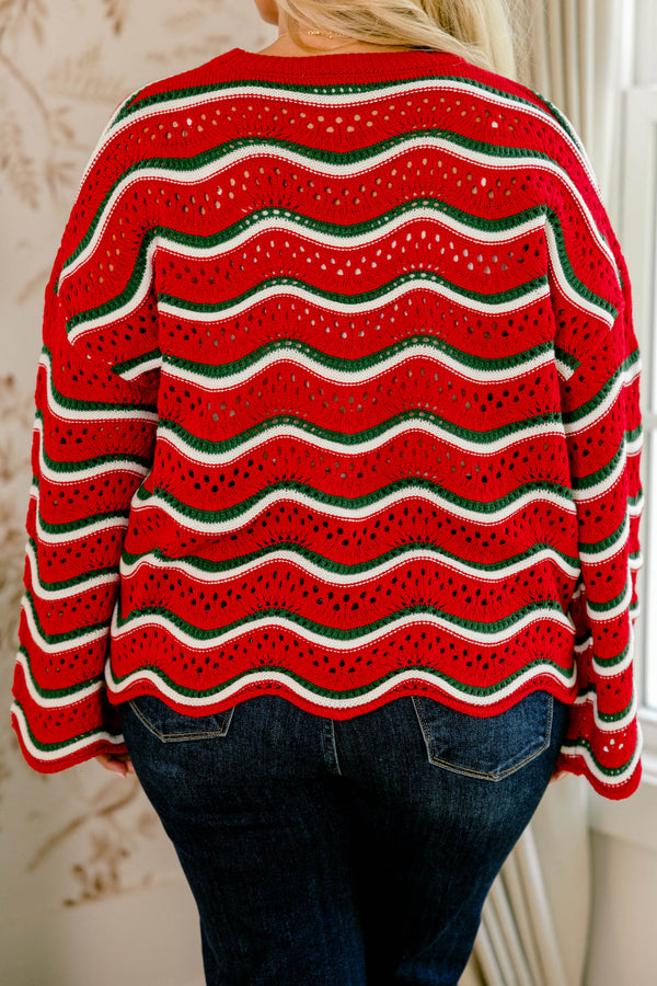 Chic Soul plus size clothing, red white and green wavy chunky loose knit slightly cropped sweater 