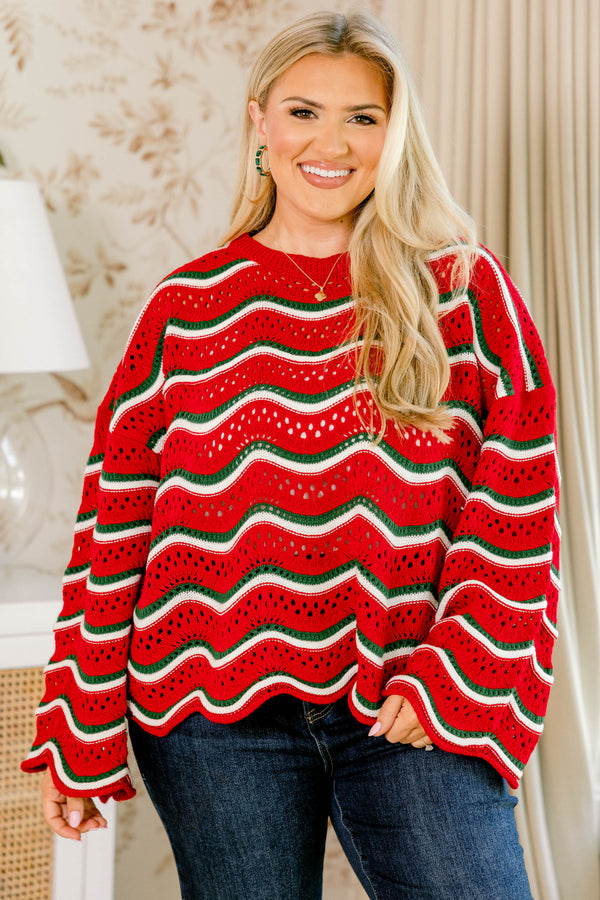 Chic Soul plus size clothing, red white and green wavy chunky loose knit slightly cropped sweater 