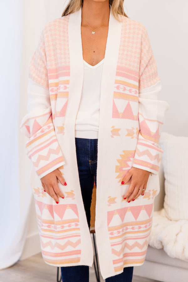 Chic Soul plus size clothing, long-sleeve pink and white knee-length cardigan with aztec pattern detailing