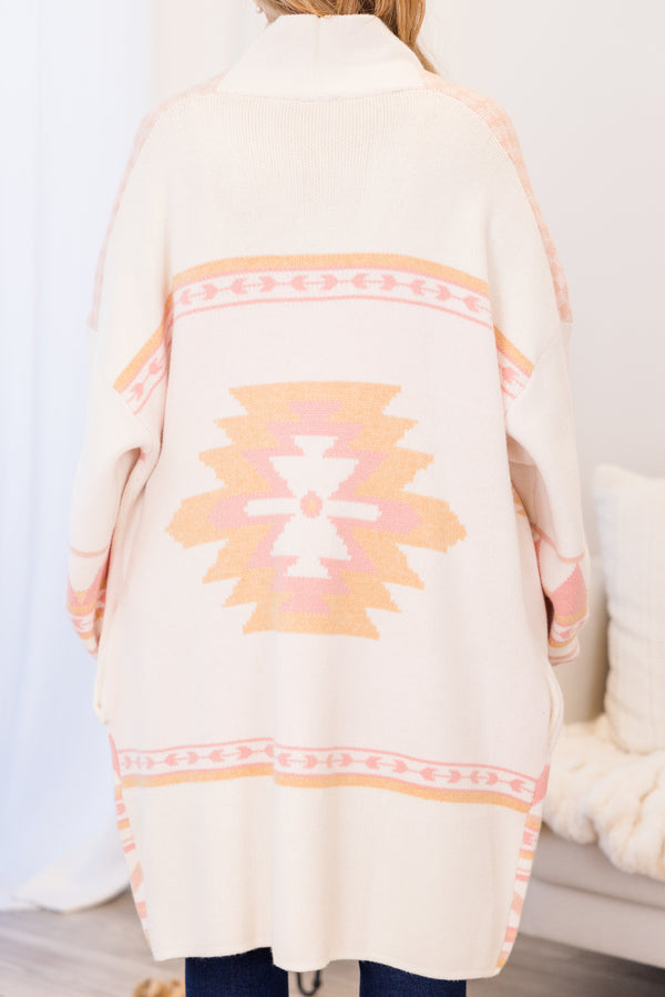 Chic Soul plus size clothing, long-sleeve pink and white knee-length cardigan with aztec pattern detailing
