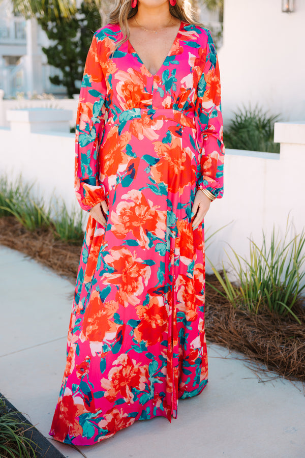 Chic Soul plus size clothing, fuchsia floral pattern maxi dress with bubble sleeves and a high slit on left leg