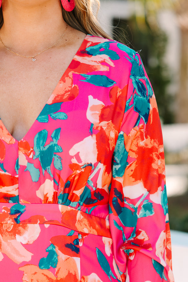 Chic Soul plus size clothing, fuchsia floral pattern maxi dress with bubble sleeves and a high slit on left leg