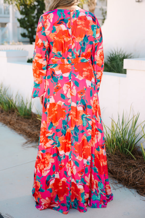 Chic Soul plus size clothing, fuchsia floral pattern maxi dress with bubble sleeves and a high slit on left leg