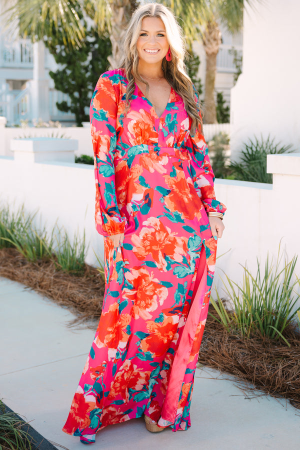 Chic Soul plus size clothing, fuchsia floral pattern maxi dress with bubble sleeves and a high slit on left leg