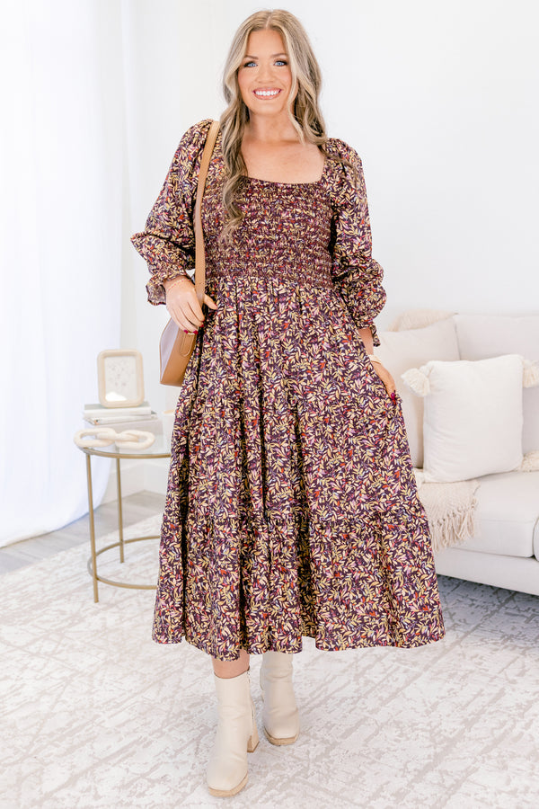 Chic Soul plus size clothing, purple and white floral pattern long sleeve midi dress with smocked chest and cinched sleeves