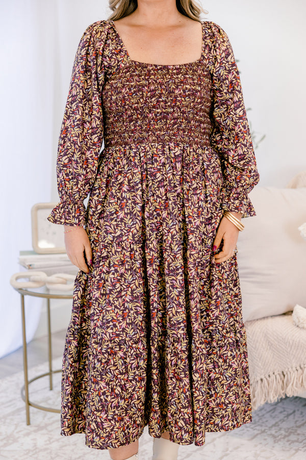 Chic Soul plus size clothing, purple and white floral pattern long sleeve midi dress with smocked chest and cinched sleeves
