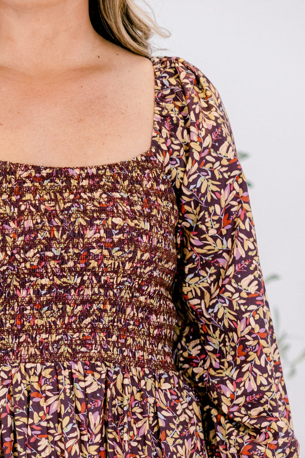 Chic Soul plus size clothing, purple and white floral pattern long sleeve midi dress with smocked chest and cinched sleeves