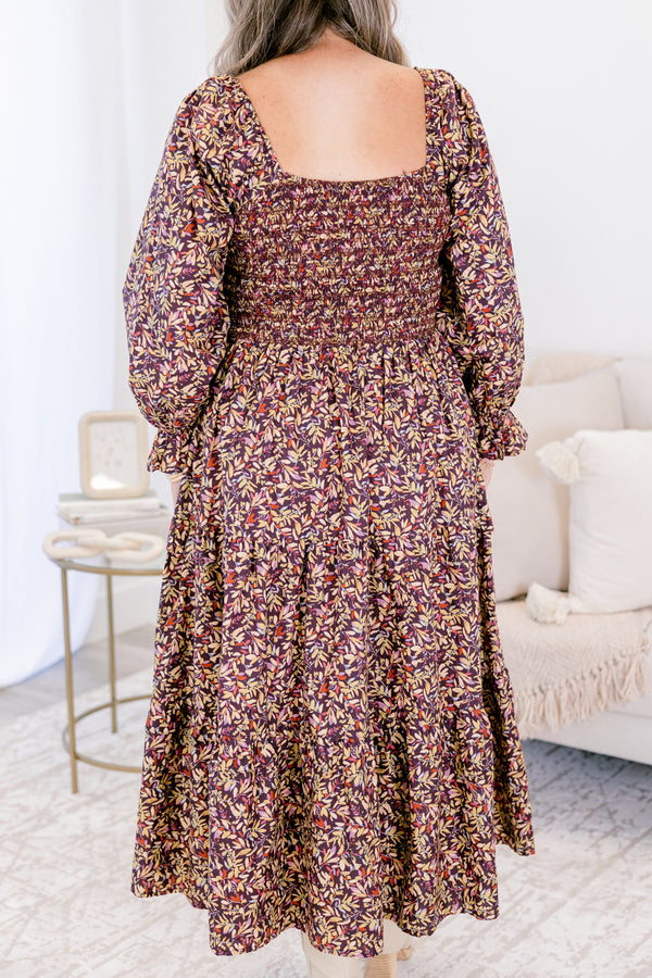 Chic Soul plus size clothing, purple and white floral pattern long sleeve midi dress with smocked chest and cinched sleeves