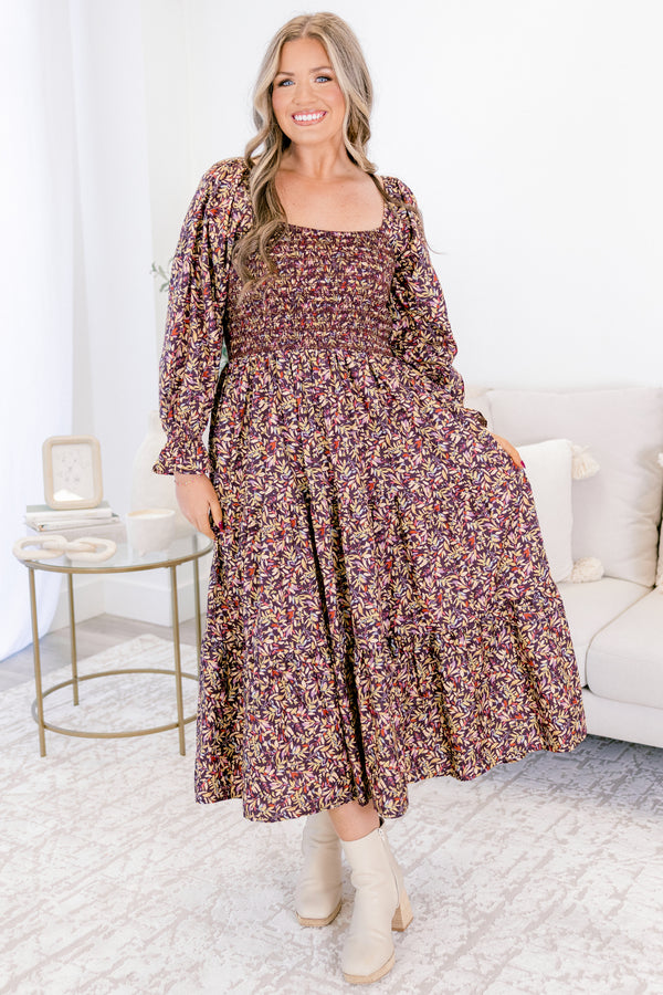 Chic Soul plus size clothing, purple and white floral pattern long sleeve midi dress with smocked chest and cinched sleeves