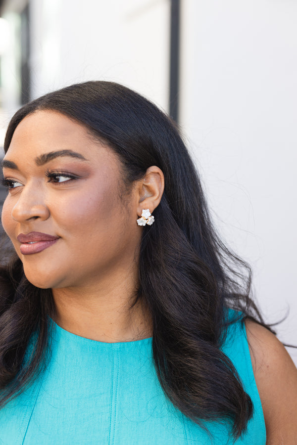 Chic Soul plus size clothing, white cluster of three flowers stud earrings