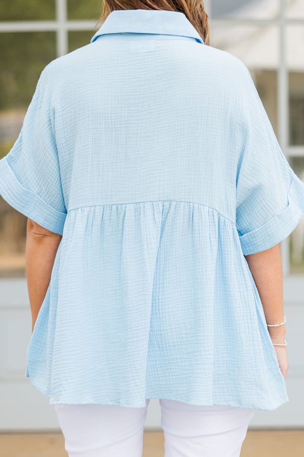 Chic Soul plus size clothing, short sleeve airy blue collared top with white button details 