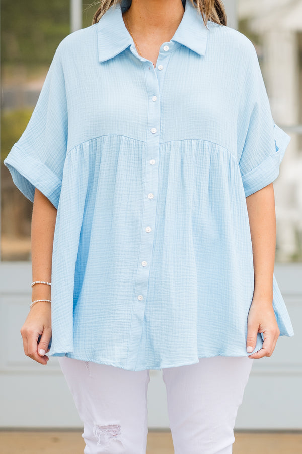 Chic Soul plus size clothing, short sleeve airy blue collared top with white button details 