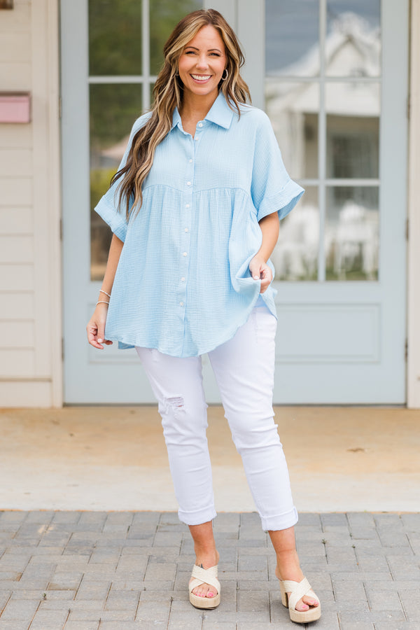 Chic Soul plus size clothing, short sleeve airy blue collared top with white button details 