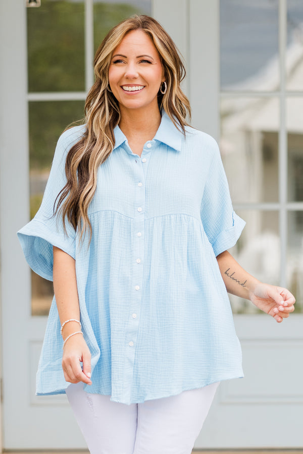 Chic Soul plus size clothing, short sleeve airy blue collared top with white button details 