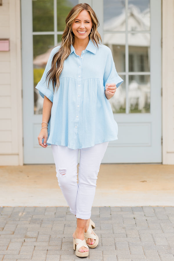 Chic Soul plus size clothing, short sleeve airy blue collared top with white button details 