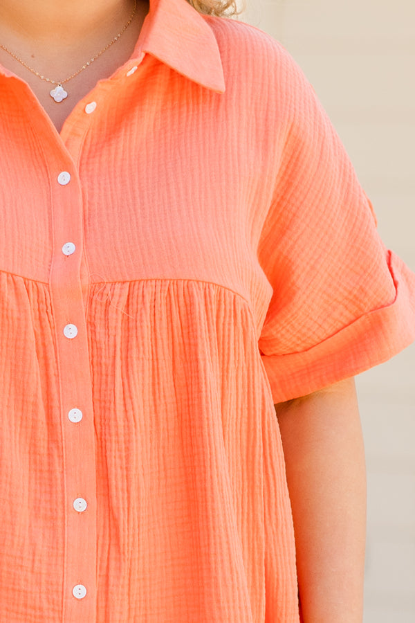 Chic Soul plus size clothing, short sleeve persimmon orange collared top with white buttons