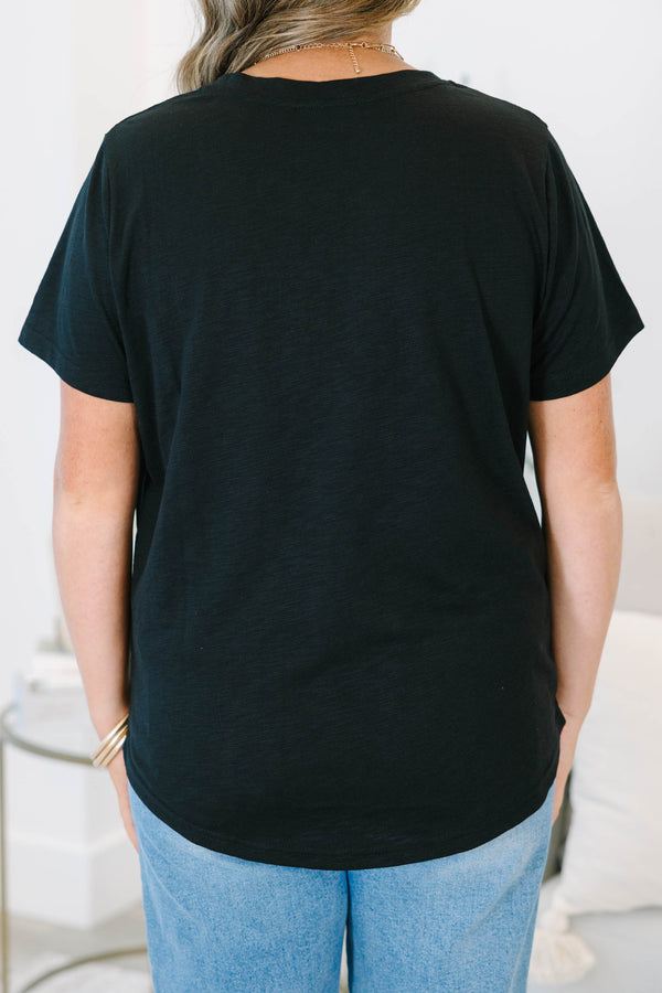 Plus Size black v-neck top with a relaxed fit, short sleeves, and a functional front chest pocket.