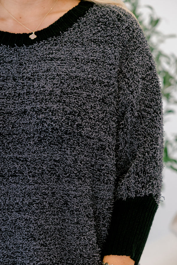 Chic Soul plus size clothing, black long sleeve sweater dress with two front pockets 