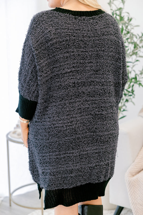 Chic Soul plus size clothing, black long sleeve sweater dress with two front pockets 