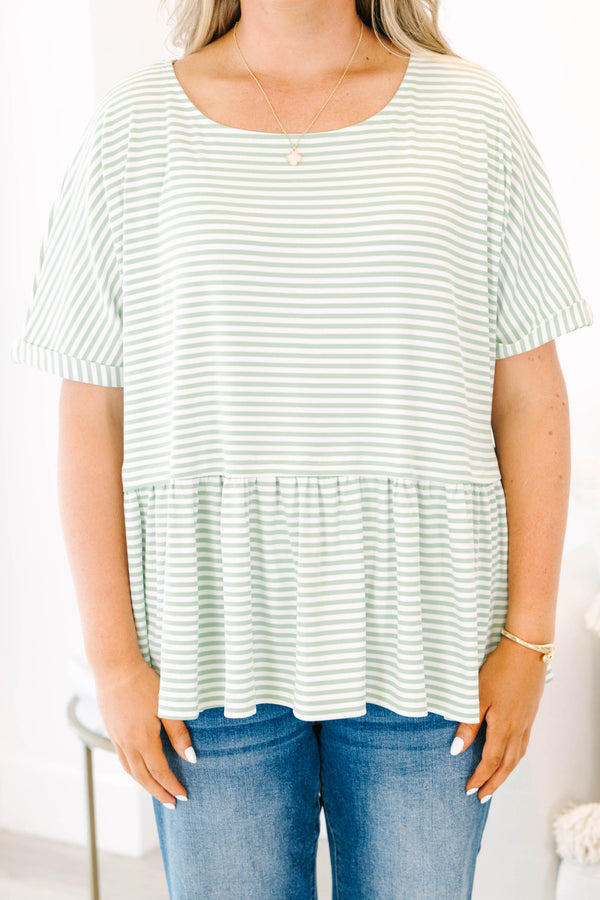 Chic Soul plus size clothing, short-sleeve sage-ivory striped baby doll top with a high-scoop-neckline 