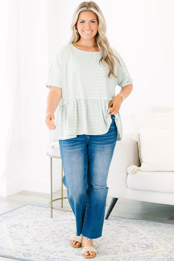 Chic Soul plus size clothing, short-sleeve sage-ivory striped baby doll top with a high-scoop-neckline 