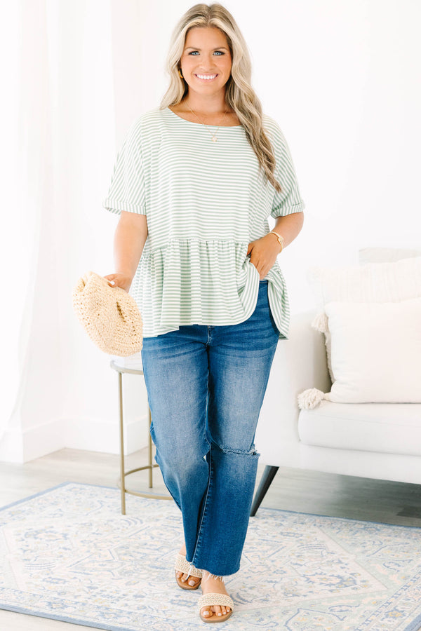 Chic Soul plus size clothing, short-sleeve sage-ivory striped baby doll top with a high-scoop-neckline 