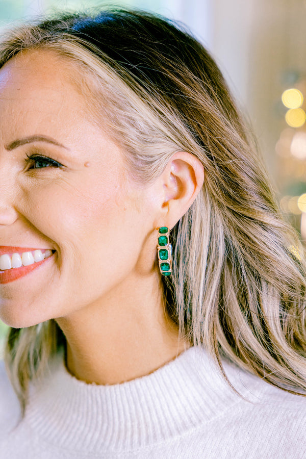Chic Soul plus size clothing, gold hoop earrings with green faux jewels through hoop