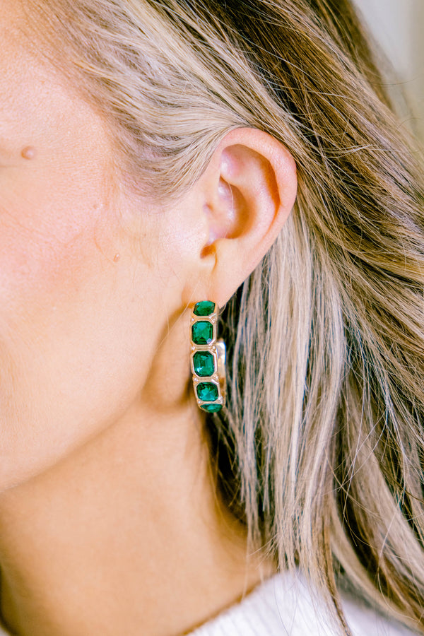 Chic Soul plus size clothing, gold hoop earrings with green faux jewels through hoop