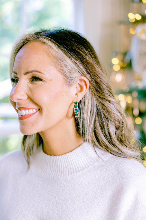 Chic Soul plus size clothing, gold hoop earrings with green faux jewels through hoop