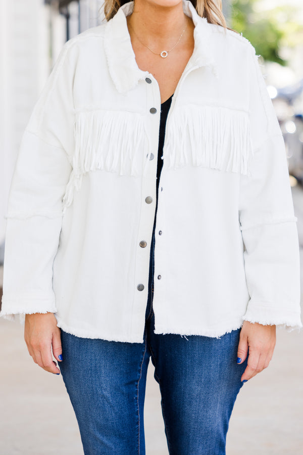 Chic Soul plus size clothing, long-sleeve white denim jacket with collar and silver button detailing with fringe along bodice