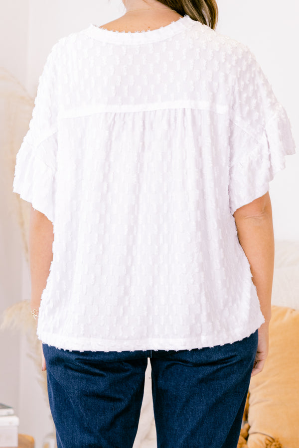 Chic Soul plus size clothing, white short sleeve textured dotted print top with ruffle detail on bottom of sleeves with round neckline