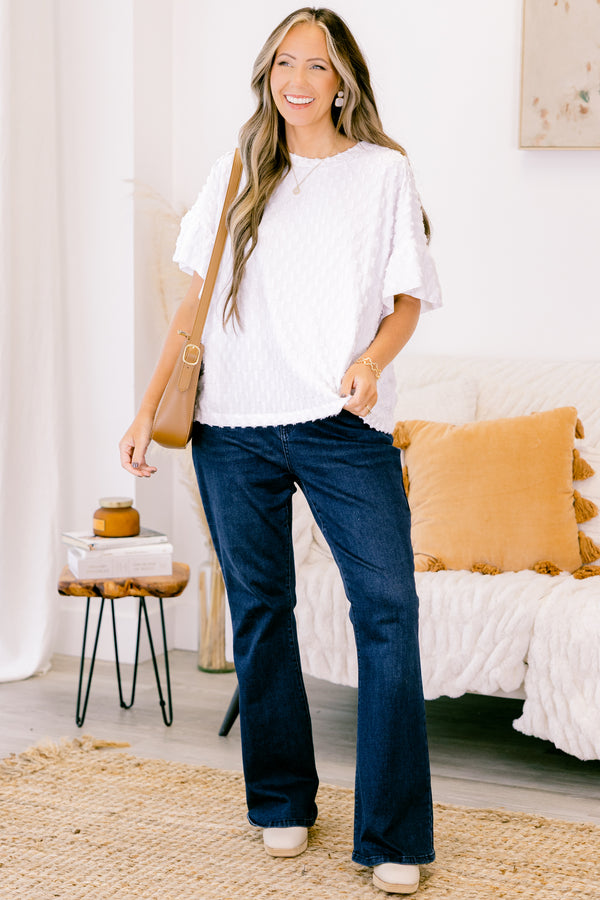 Chic Soul plus size clothing, white short sleeve textured dotted print top with ruffle detail on bottom of sleeves with round neckline