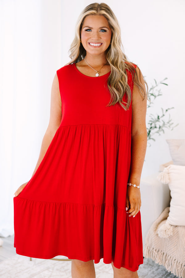 Plus Size sleeveless red tiered babydoll dress in a soft bamboo blend.