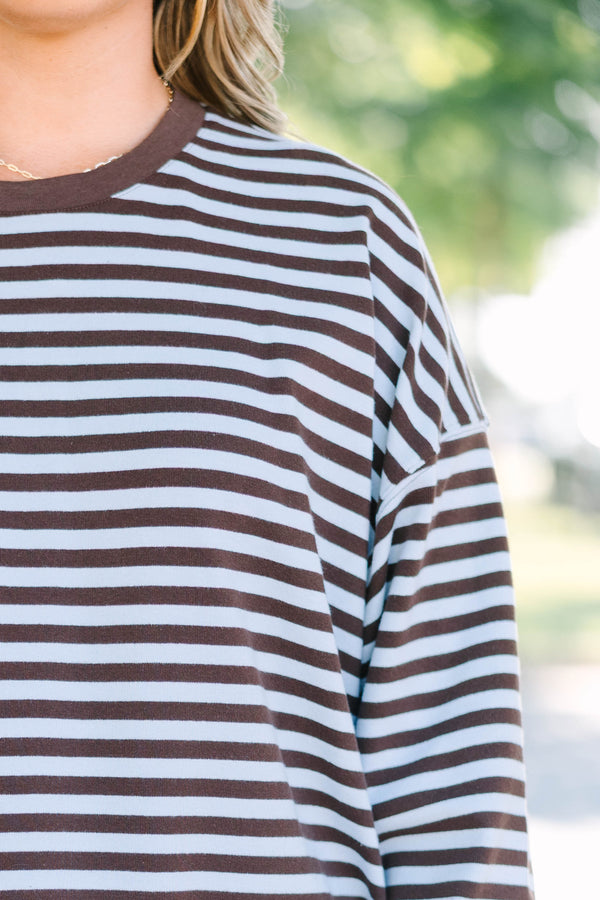 Plus Size brown and light blue horizontal striped pullover with a crew neck and ribbed trim.