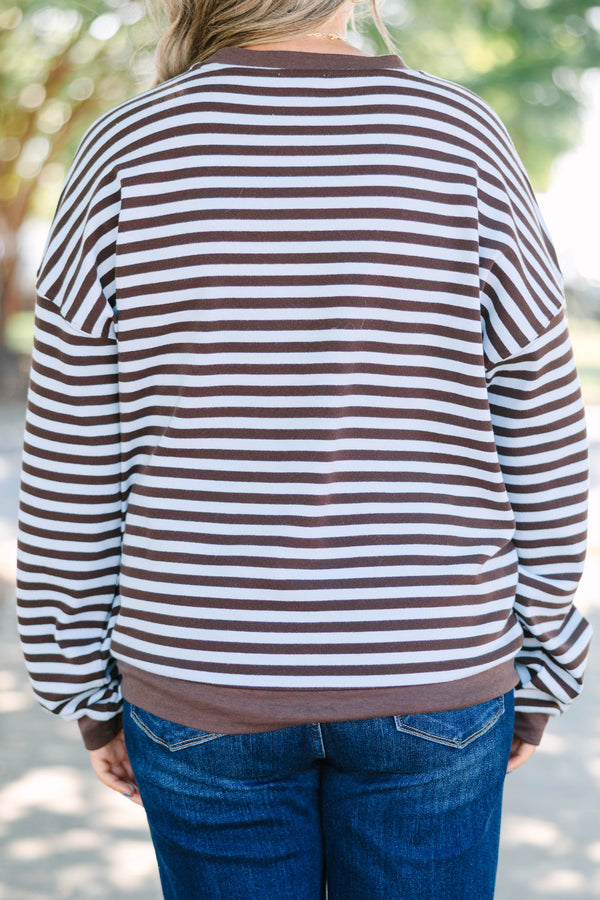 Plus Size brown and light blue horizontal striped pullover with a crew neck and ribbed trim.
