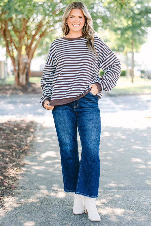 Plus Size brown and light blue horizontal striped pullover with a crew neck and ribbed trim.