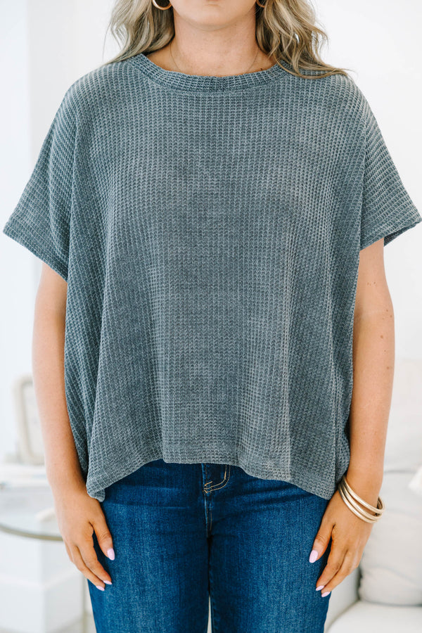 Ash grey textured chenille dolman top with short sleeves and a relaxed, oversized fit.