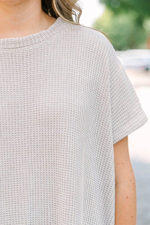 Plus Size ash mocha short sleeve  knit sweater top with a relaxed fit and textured fabric.