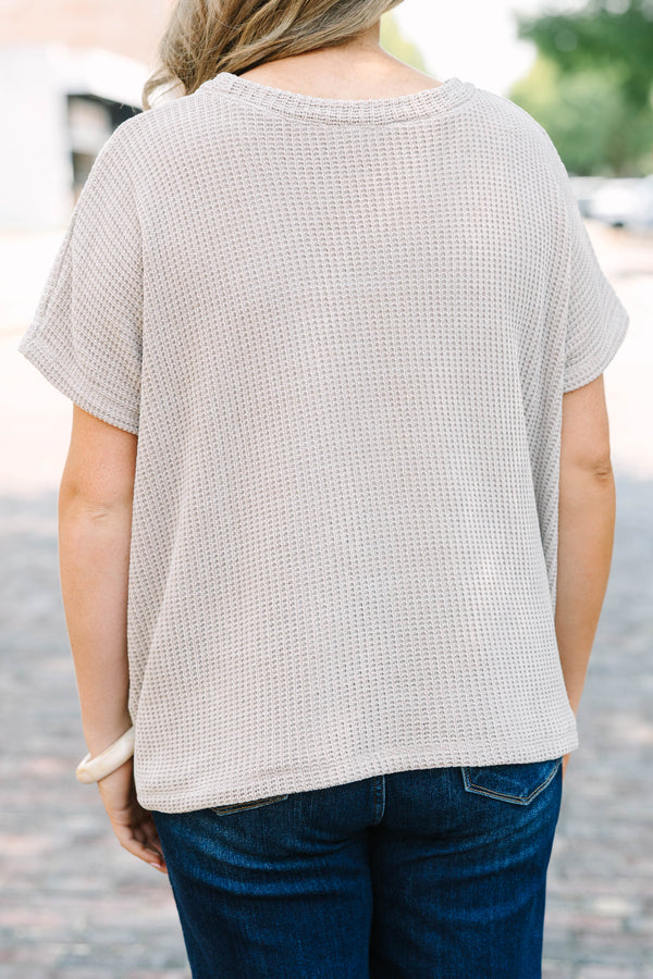 Plus Size ash mocha short sleeve  knit sweater top with a relaxed fit and textured fabric.
