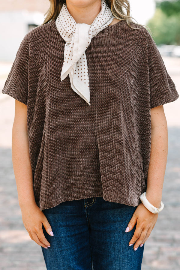 Plus Size chocolate brown waffle knit short sleeve top with a relaxed fit and crew neckline.