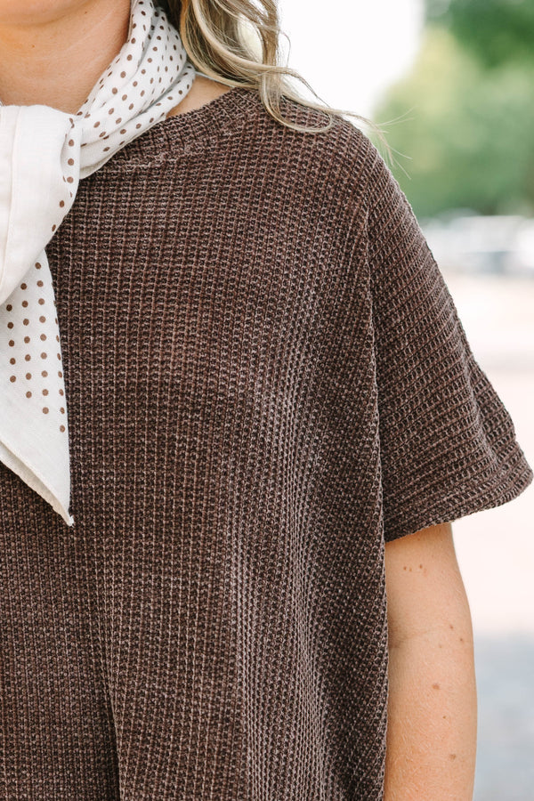 Plus Size chocolate brown waffle knit short sleeve top with a relaxed fit and crew neckline.