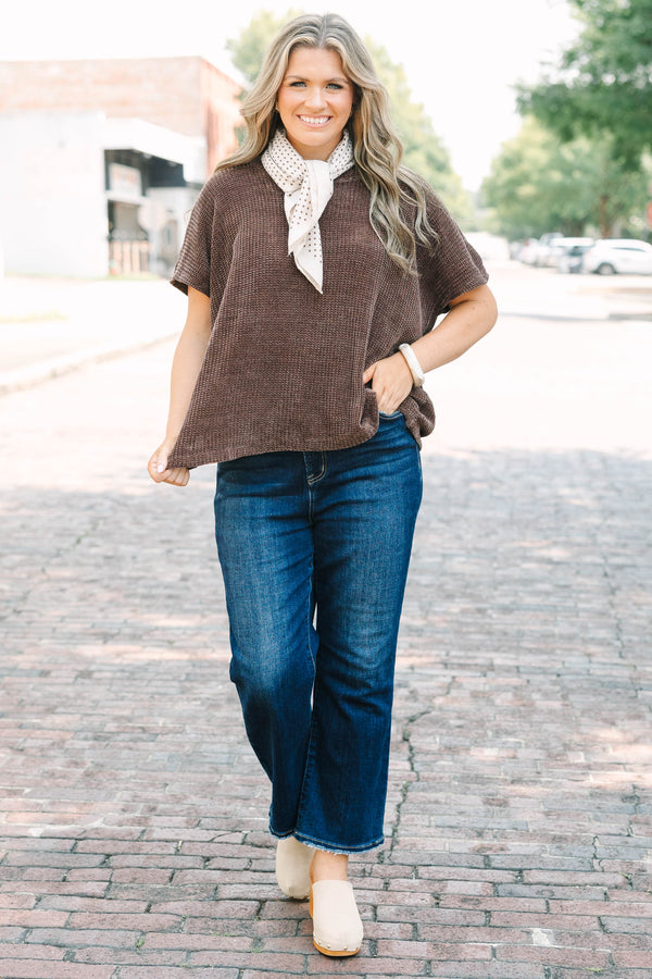 Plus Size chocolate brown waffle knit short sleeve top with a relaxed fit and crew neckline.