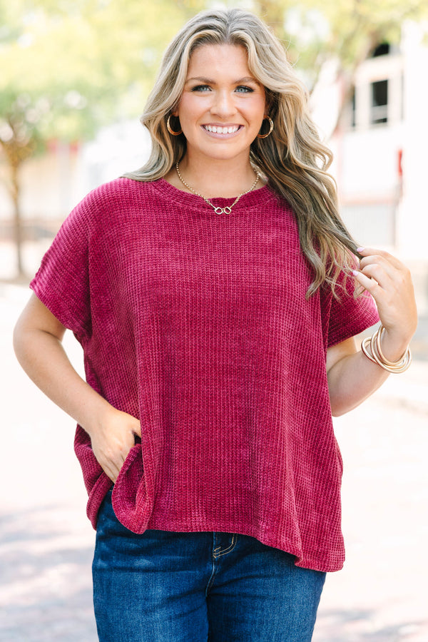Plus Size dark burgundy short sleeve chenille knit sweater top with a relaxed fit and crew neck.